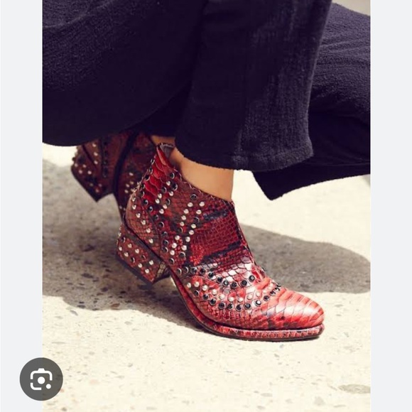 Free People Shoes - Free people chasing cowboys snakeskin red studded gem western ankle boot 39